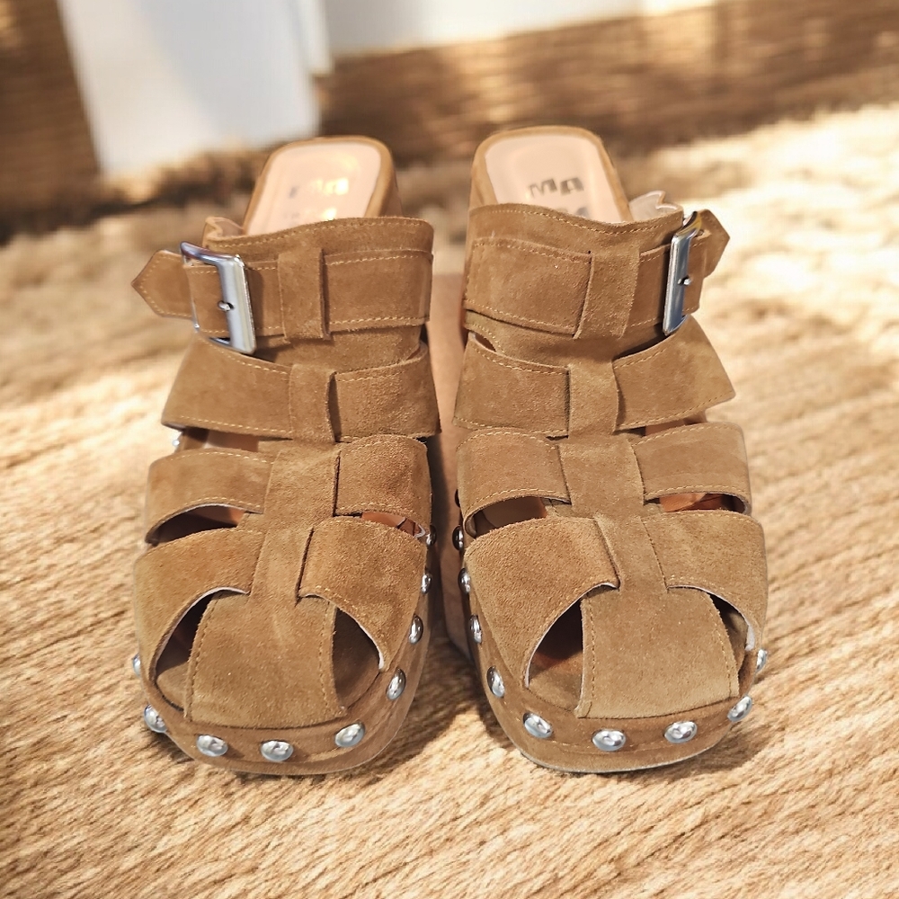 MA 91 Suede Leather Mules Slip On Platform Studded Shoes W Sz 41 Or 9.5